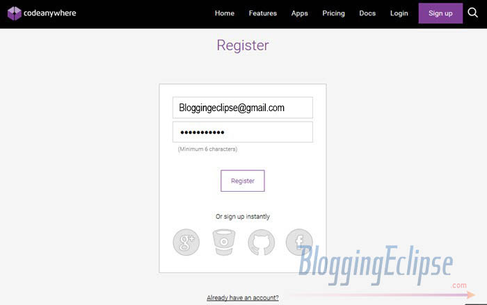 How to get $35 Free DigitalOcean Credit: Trick + Coupon 4 Codeanywhere signup page