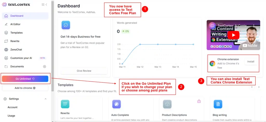 (Unlock) TextCortex Coupon Code 2026 → Save 50% + Unlimited Credits 5 Textcortex dashboard