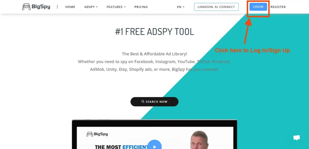 BigSpy Pricing Plans 2026 ⇰ $1 Trial + Paid Plans From $9 Only 8 BigSpy Homepage