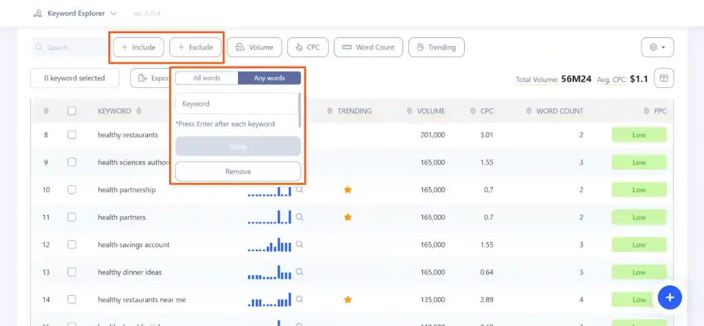 WriterZen Keyword Explorer Review 2026 19 Writerzen-Include-Exclude words