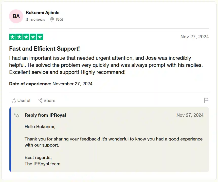 IPRoyal Review 2026: Speed, Features, Pricing - A Full Analysis 14 IPRoyal - Customer Review of Bukunmi Ajibola