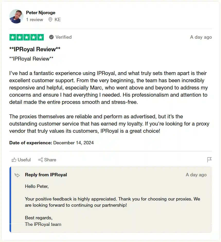 IPRoyal Review 2026: Speed, Features, Pricing - A Full Analysis 12 IPRoyal - Customer Review of Peter Njoroge