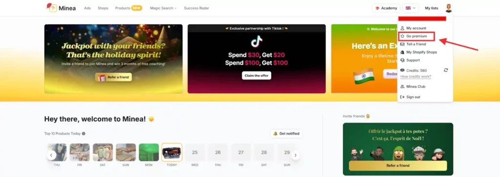 Minea Pricing 2026: Plans Start at $49/mo for 10k Credits 7 Minea - Go Premium Plan button