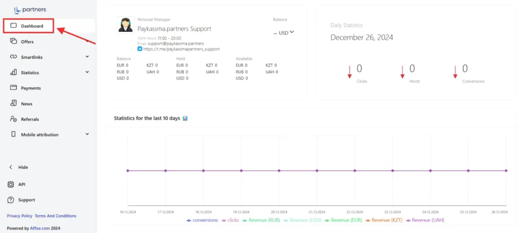 Paykassma Partners Review: Fast Payouts and Exclusive Offers for Affiliates 4 Paykassma Partners Dashboard