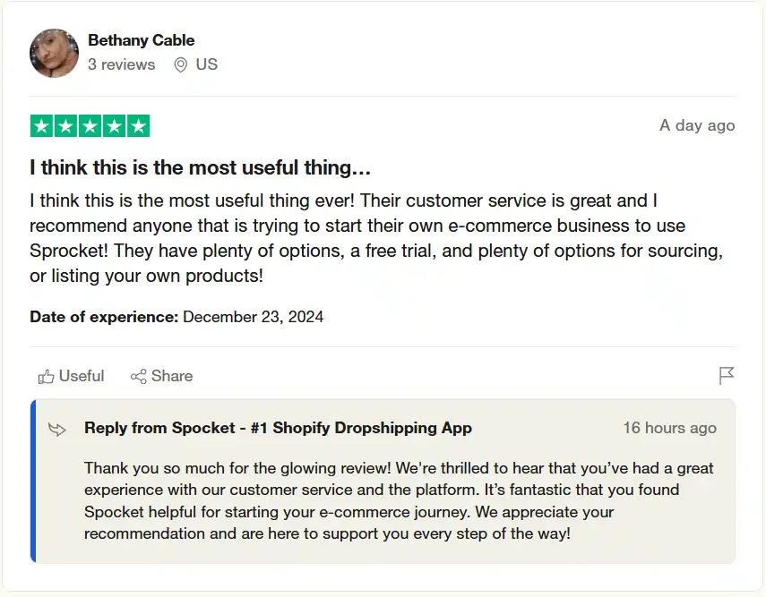 Spocket Review: Pros, Cons, and Pricing Explained (2026 Update) 17 Spocket - Customer Review of Bethany