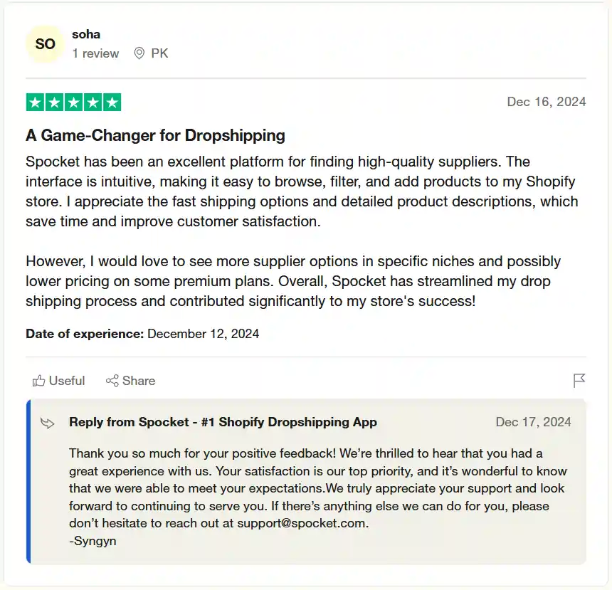 Spocket Review: Pros, Cons, and Pricing Explained (2026 Update) 15 Spocket - Customer Review