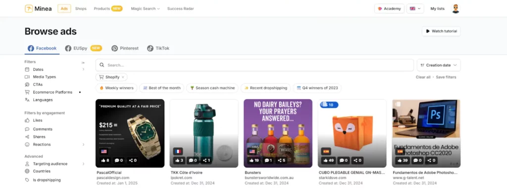 Minea مراجعة: ابحث عن المنتجات الأكثر انتشارًا قبل منافسيك! ١٨ Minea تصفح الإعلانات