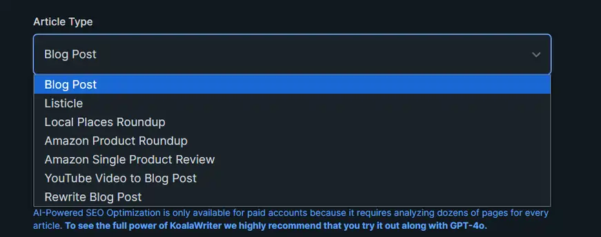 KoalaWriter Review 2026 → 5,000 Words Free + 25 Free Chats 5 KoalaWriter - Pick Article Type