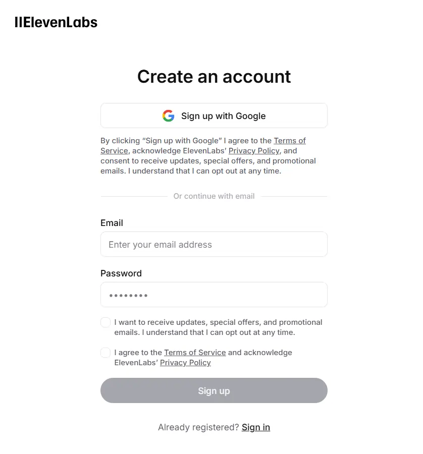 Prijzen en abonnementen van ElevenLabs: hoeveel kost het in 2026? 5 ElevenLabs Maak een account aan