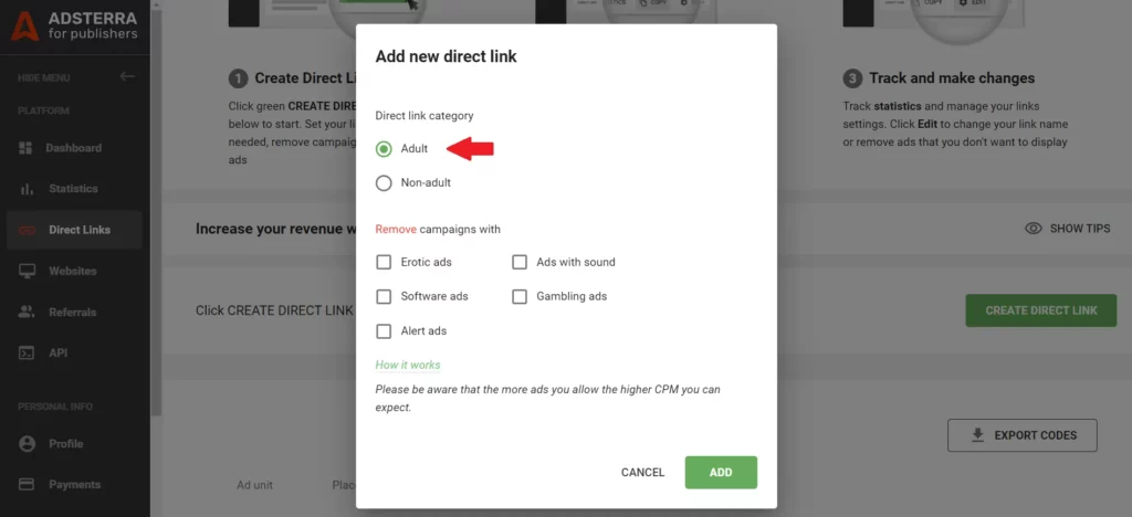 Direct Link Ads: Increase Your Income with Just One Link 5 Add niche-specific link - Adsterra Smart links