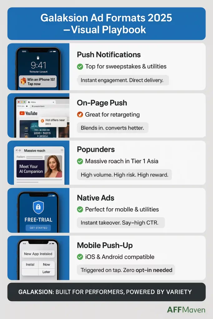 Galaksion مراجعة: أفضل شبكة إعلانات لحملات CPA في عام ٢٠٢٥؟ ٣ Galaksionتنسيقات الإعلانات