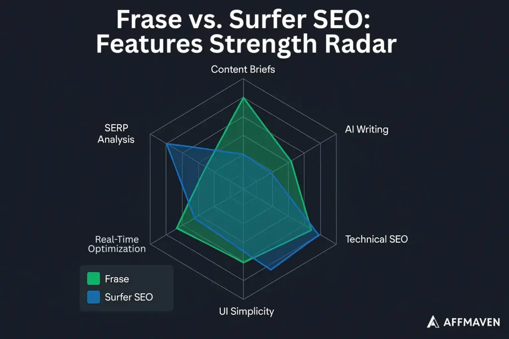 Surfer SEO Vs Frase 2026: Which Ranks Content Faster? 22 Frase and Surfer SEO - Features Strength Radar