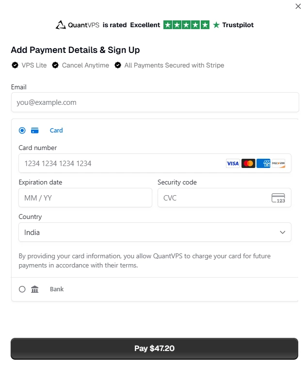 QuantVPS Pricing & Plans: How Much Does It Cost? 9 Fill in Your Payment Details to buy QuantVPS Subscription