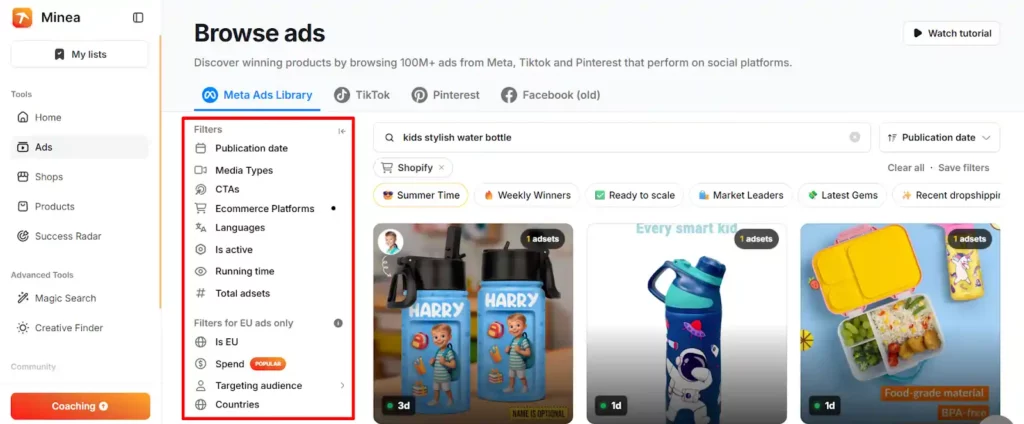 Minea per le agenzie: monitoraggio rapido degli annunci dei concorrenti sui social media 5 Minea Filtraggio degli annunci
