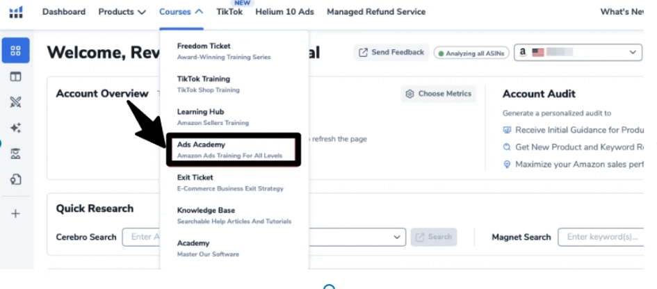 Helium 10 Ads Academy Guide: Master Amazon PPC Advertising 4 Go to Helium 10 Dashboard & Select Ads Academy