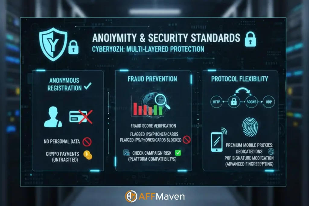 Recensione di CyberYozh 2026: proxy mobili e funzionalità anti-rilevamento 13 Standard di sicurezza e privacy di CyberYozh