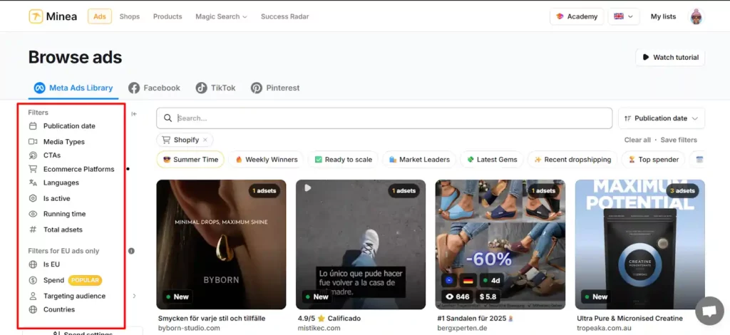 如何组合 Minea + 用于竞品研究的元广告库 3 Minea 广告库