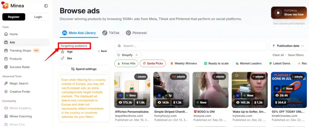 如何组合 Minea + 用于竞品研究的元广告库 7 Minea 目标受众