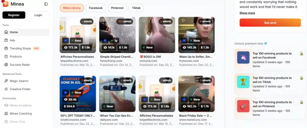 如何组合 Minea + 用于竞品研究的元广告库 5 Minea 初步发现