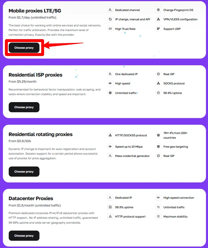 Recensione di CyberYozh 2026: proxy mobili e funzionalità anti-rilevamento 10 Seleziona il servizio CyberYozh