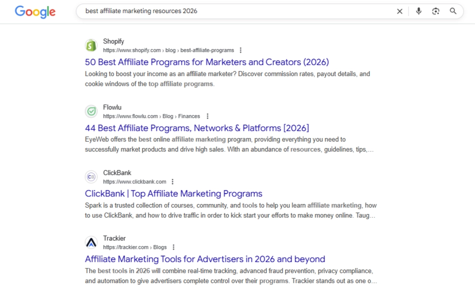 Guida alla semina LLM: ottimizzazione dei contenuti per la ricerca AI nel 2026! 2 Risultati di ricerca tradizionali di Google che mostrano più affiliate link di marketing