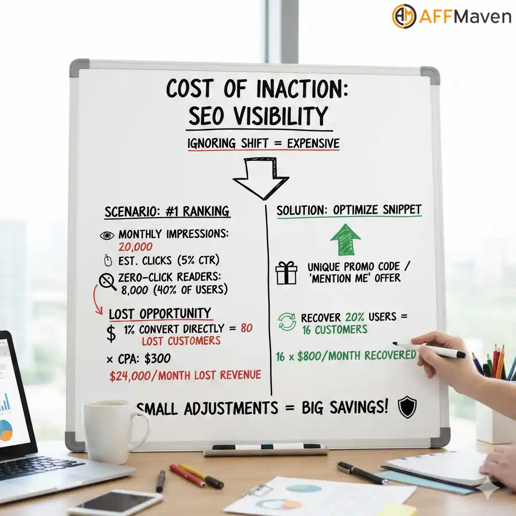 Richtlijn voor het toekennen van zoekresultaten zonder klikken voor Forex Affiliates (2026) 5 Diagram voor het berekenen van het omzetverlies aan zoekverkeer zonder klikken als gevolg van inactiviteit.