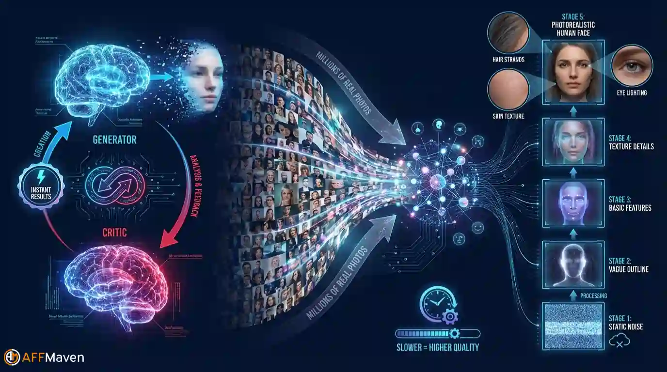 2026 年 9 款最佳 AI 人脸生成器,打造独一无二、高品质的虚拟形象 2 使用神经网络和生成对抗网络模型的AI人脸生成器流程