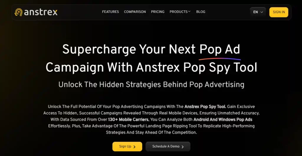 Análisis de Anstrex 2026: ¿Sigue siendo la mejor herramienta de espionaje nativa? Publicidad de Anstrex Pop