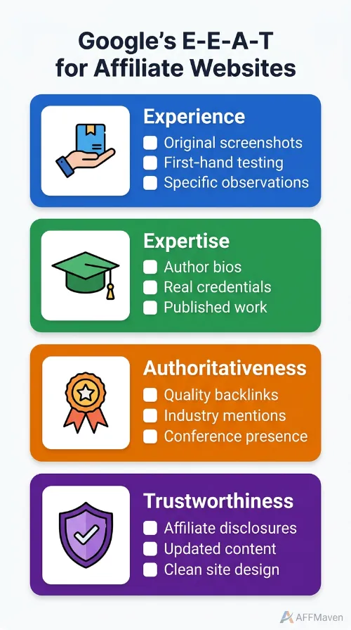 How to Build a Niche Affiliate Website from Scratch (2026) 9 E-E-A-T: Google's Quality Benchmark