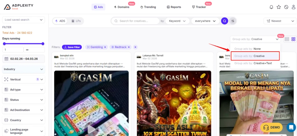 How to Find Hidden Affiliate Ads Using Tracking Filters 5 AdPlexity Social - Group Ads by Creative