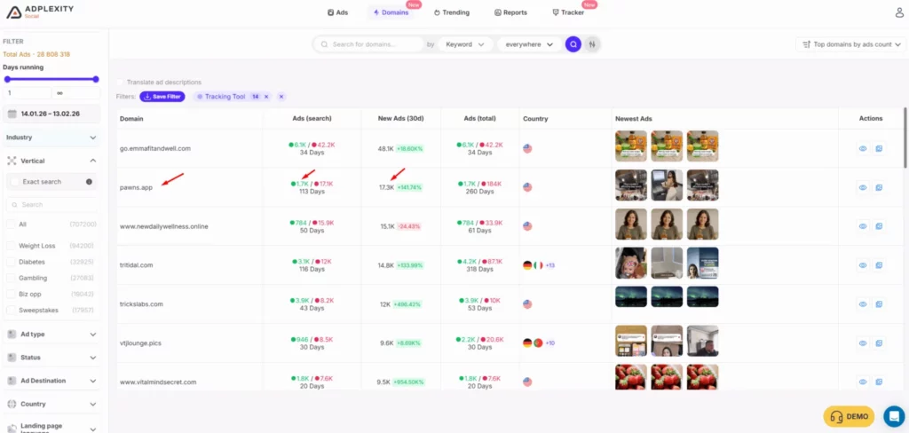 How to Find Hidden Affiliate Ads Using Tracking Filters 6 AdPlexity Social Search for Pawns.app viral app Funnel