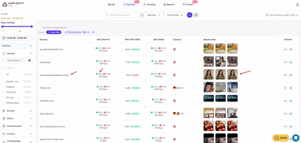 How to Find Hidden Affiliate Ads Using Tracking Filters 8 AdPlexity Social Search of New Daily Wellness diabetes
