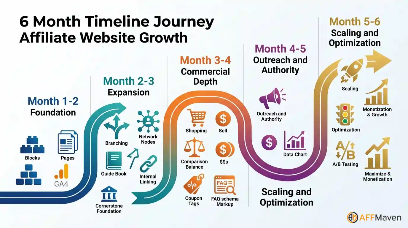 How to Build a Niche Affiliate Website from Scratch (2026) 8 Affiliate content roadmap six month strategy overview