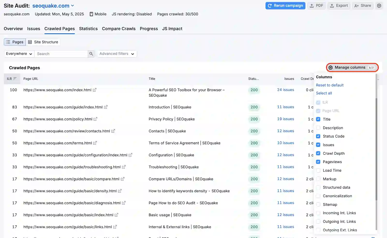 Affiliate Site Content Audit: Remove Bloat and Recover Traffic 12 Click Columns dropdown in SEMrush