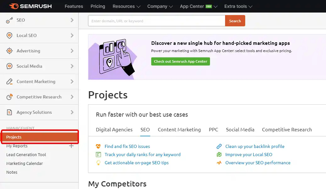 Affiliate Site Content Audit: Remove Bloat and Recover Traffic 4 Log into SEMrush dashboard and click on Projects