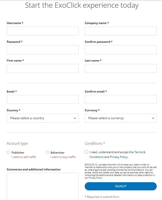ExoClick Review 2026: Functies, prijzen en alle advertentieformaten 3 ExoClick-account aanmaken
