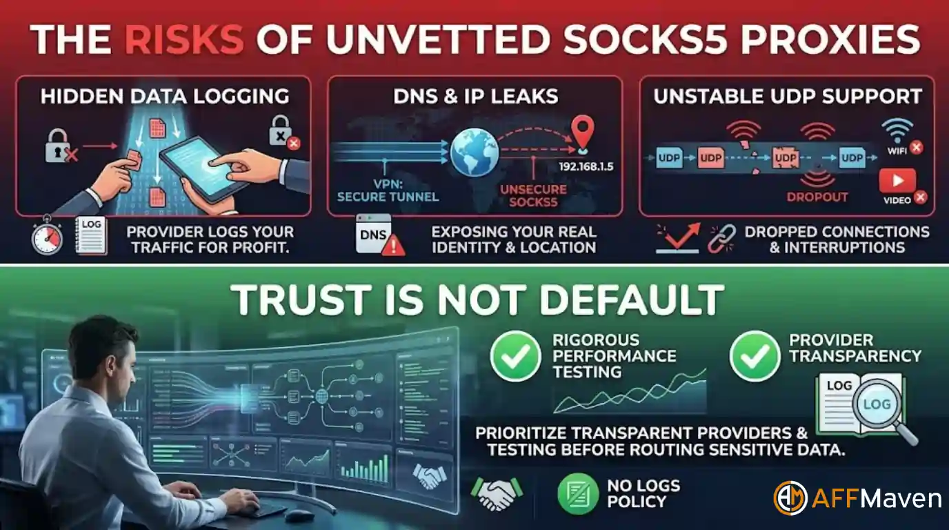 9 найкращих проксі-серверів Socks5 2026 → Серйозно ставитися до конфіденційності 📝 4 Ризики неперевірених SOCKS5-проксі