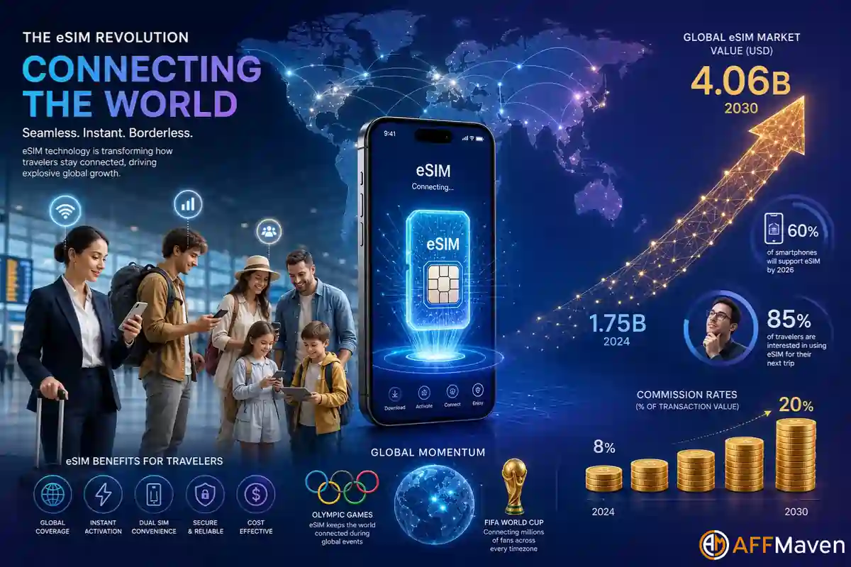 eSIM Affiliate Case Study: 300K Users With Claude Code 3 Global travellers adopting eSIM plans for international mobile data