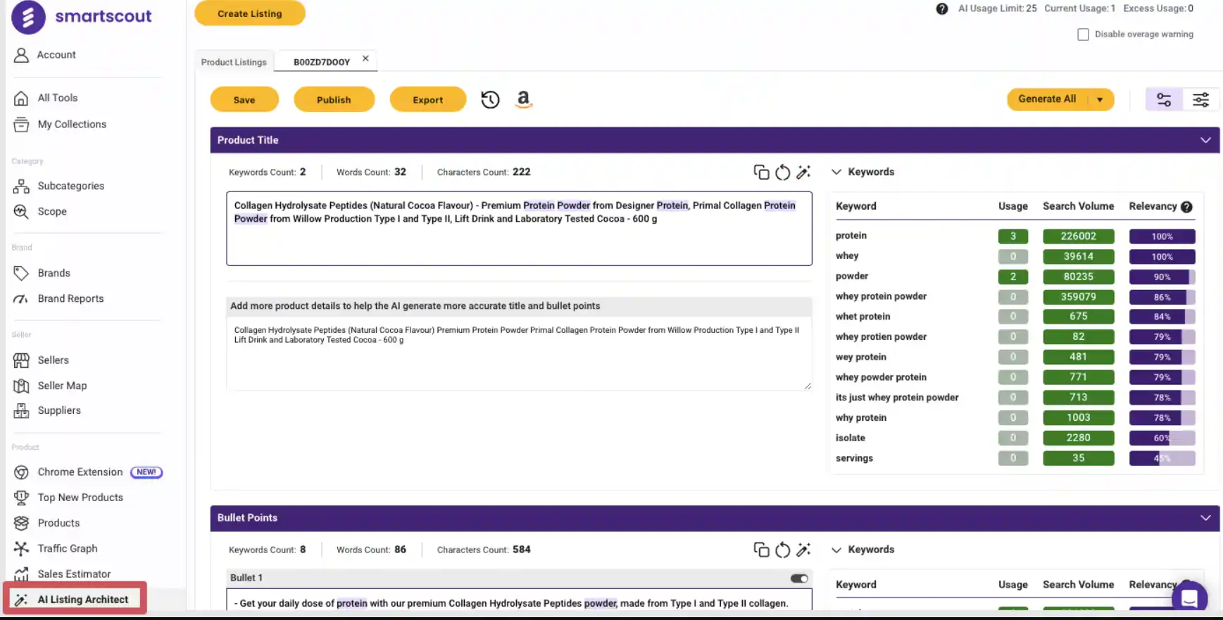 SmartScout Огляд інструментів штучного інтелекту: Архітектор лістингу на Amazon та система показників AI Scorecard 3 SmartScout Архітектор лістингу AI