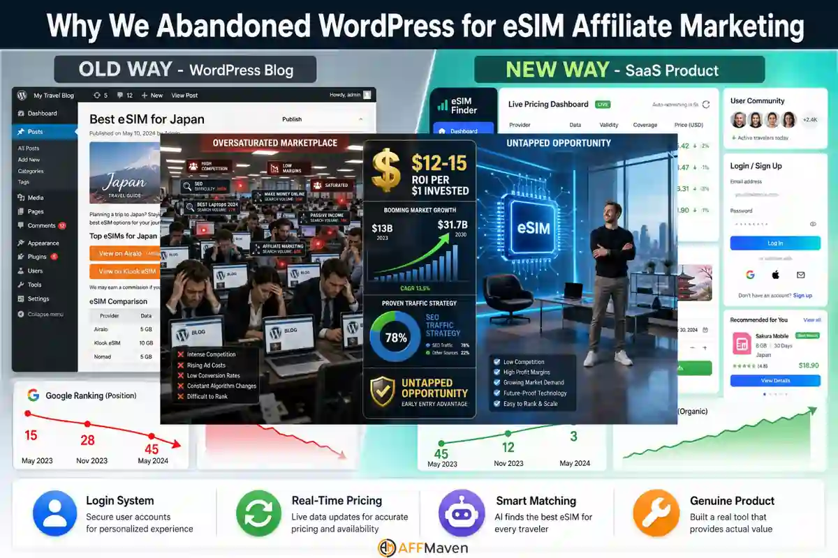 eSIM Affiliate Case Study: 300K Users With Claude Code 5 WordPress affiliate blog replaced with SaaS tool