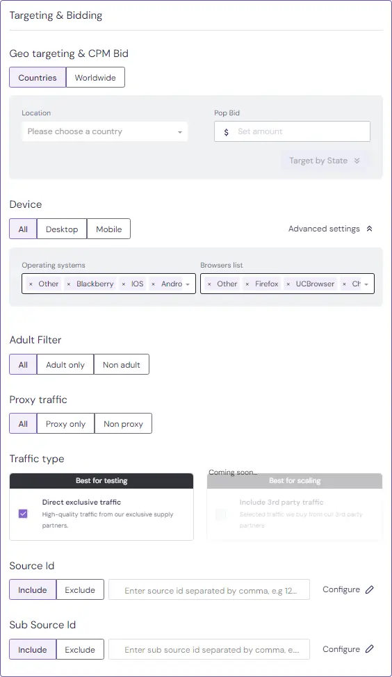 AdMaven Review 2026: Formats, Payouts and the Real Results 12 AdMaven Basic Campaign Setings