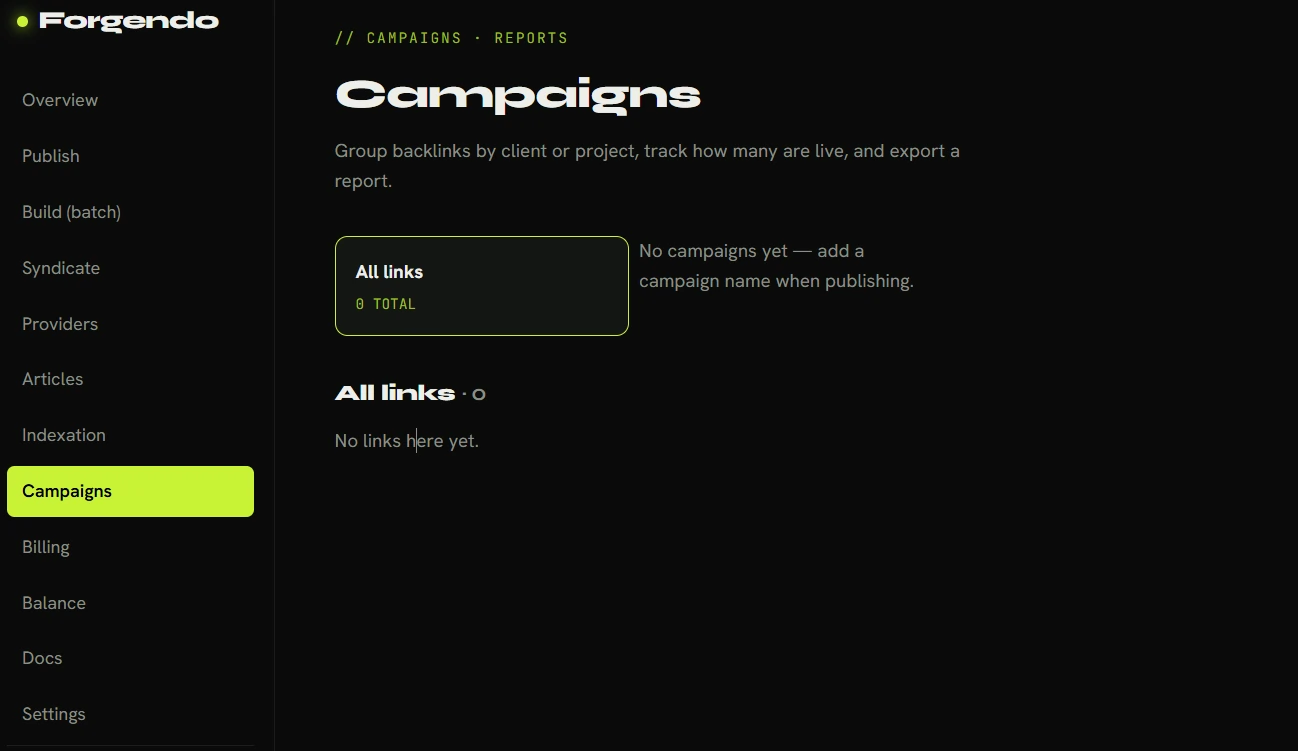 Forgendo Review 2026: Cloud Backlinks Tool for Affiliates 11 Forgendo Campaigns and CSV reports