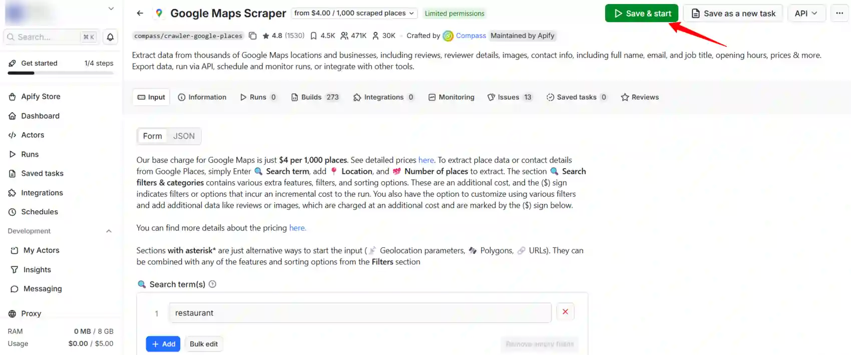 No-Code Apify Web Scraping Guide for Affiliate Marketers 6 Hit Save & start in Apify