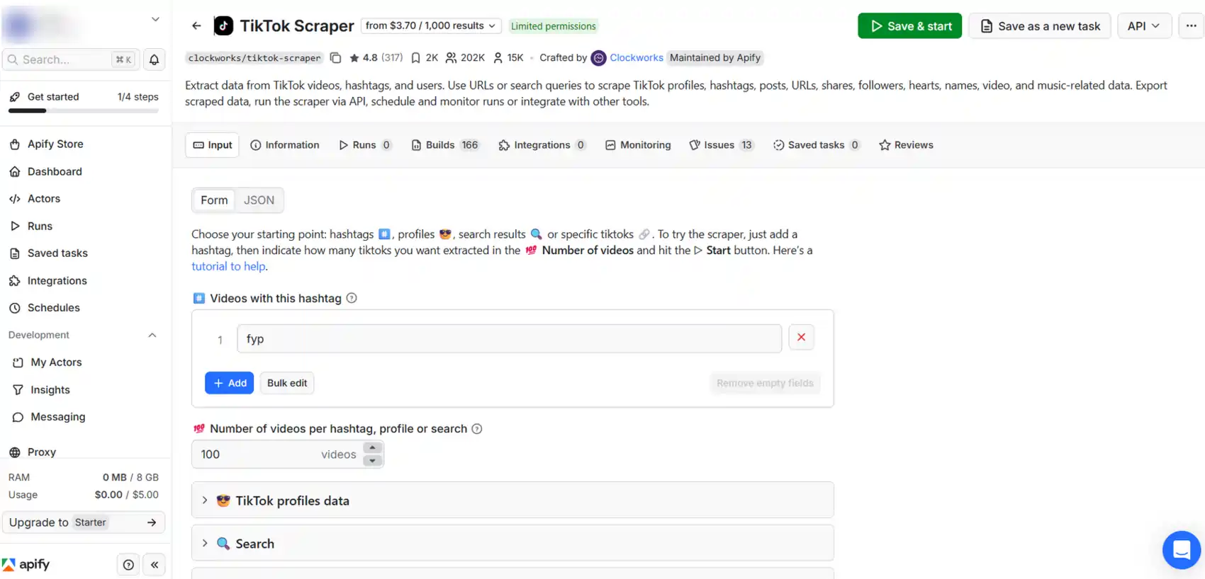 No-Code Apify Web Scraping Guide for Affiliate Marketers 7 Scrape data using Apify TikTok Scraper