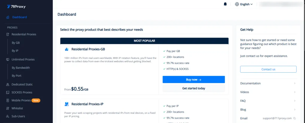 711Proxy Review 2026: Residential Proxy Features and Pricing 6 711Proxy Dashboard