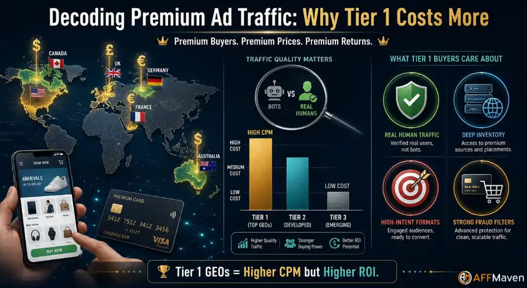 8 Best Tier 1 Ad Networks for Premium Traffic in 2026 2 Global map highlighting Tier 1 GEOs and premium advertising markets