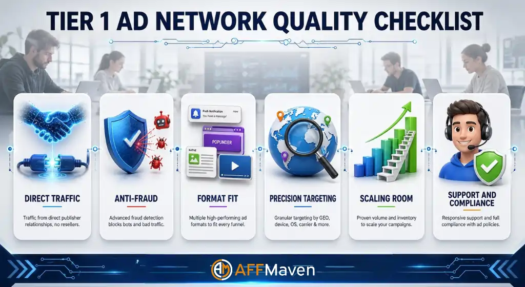 8 Best Tier 1 Ad Networks for Premium Traffic in 2026 4 Tier 1 ad network evaluation checklist infographic